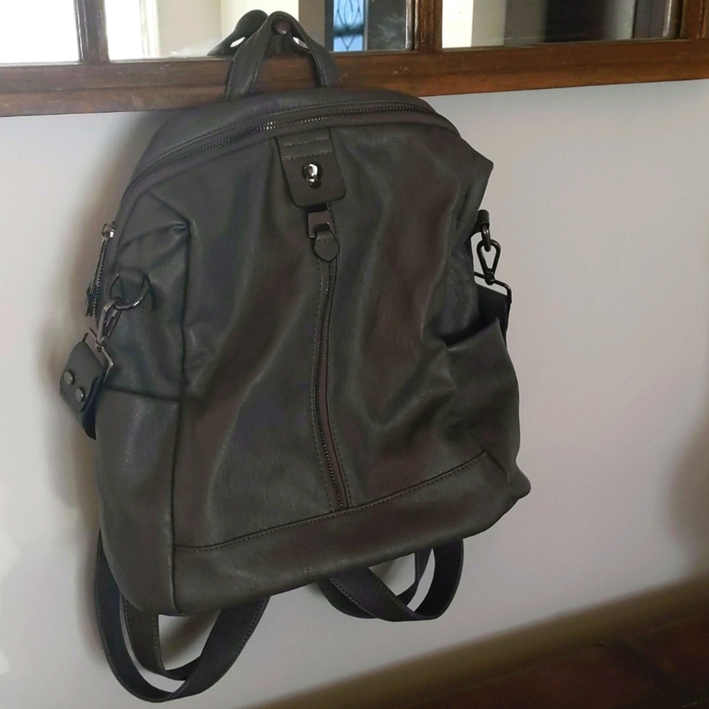 Grey Vegan Leather backpack purse